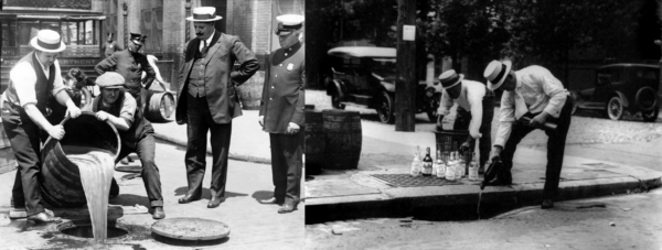 two vintage photos of alcohol being poured into the sewer during prohibition era